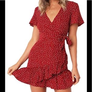 Red polkadot wrap dress!